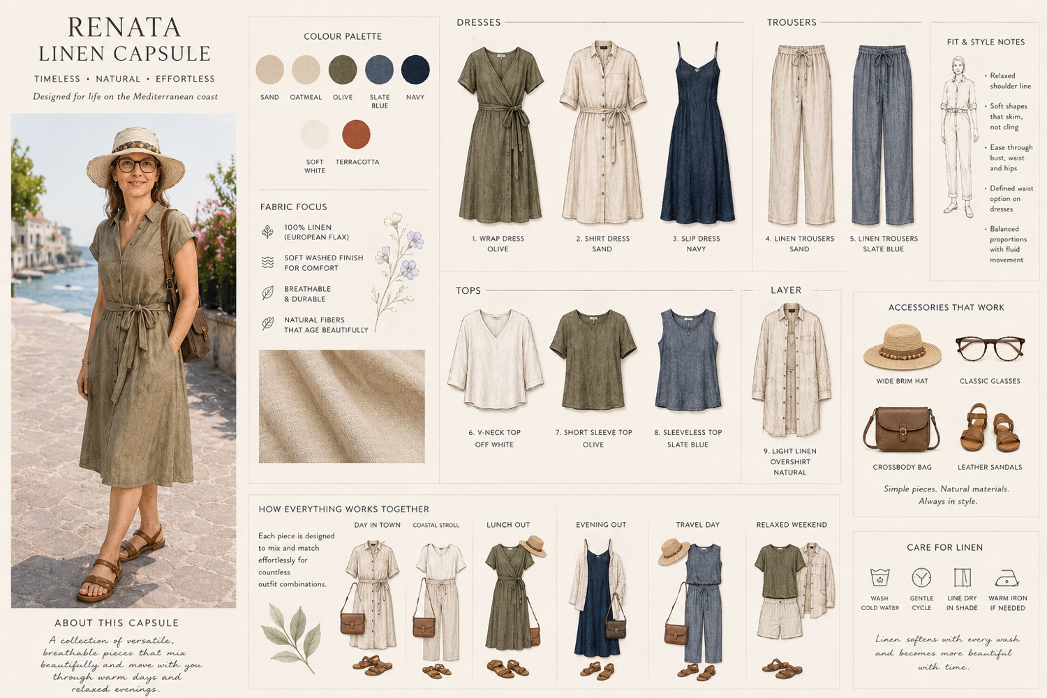 A full capsule sketchboard with palette, garments, fit notes and outfit combinations