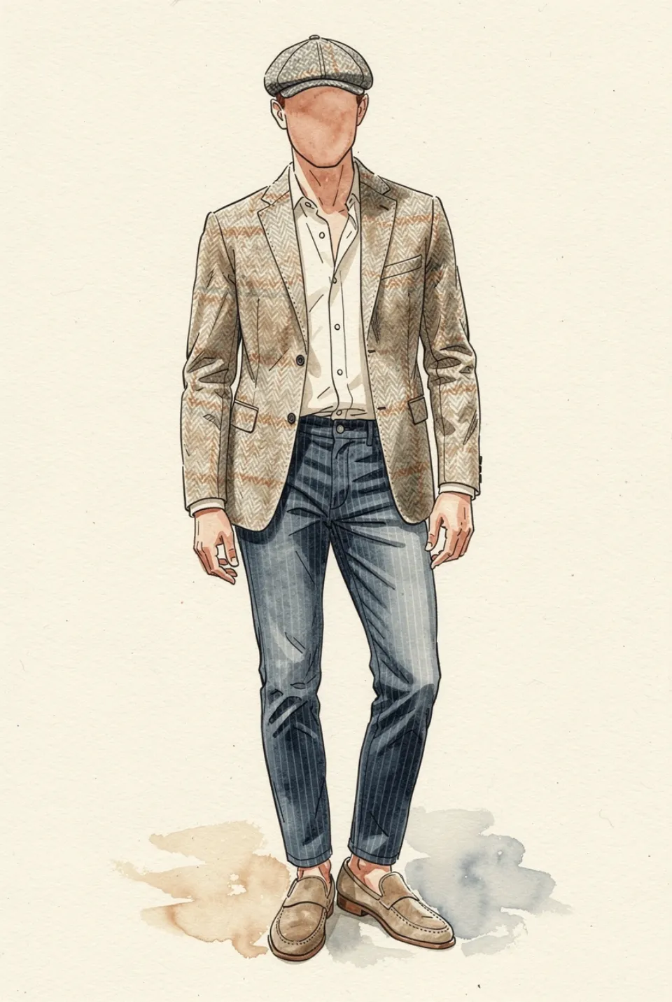 A faceless watercolor figure dressed in a herringbone wool blazer, linen shirt, indigo denim, suede loafers and a wool cap — you, painted on your own build.